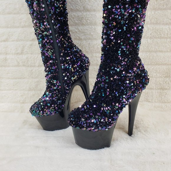 3020 Black Multi Stretch Sequin Platform 7" Heels Thigh High Boots - Picture 8 of 10